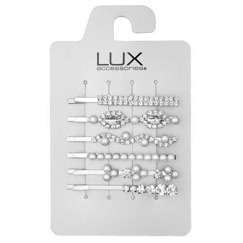 Lux Accessories Silver White Pearl Assorted Designs Bridal Hair Pins Set of 6