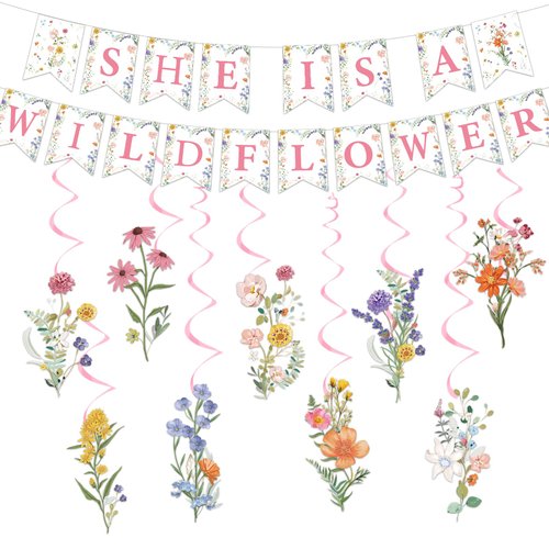 Rngmsi She Is a Wildflower Party Decorations - 11PCS Floral Baby Shower Decorations Spring Wildflower Birthday Party Banners Hanging Swirls Decorations Supplies a Little Wildflower Is on the Way Decor