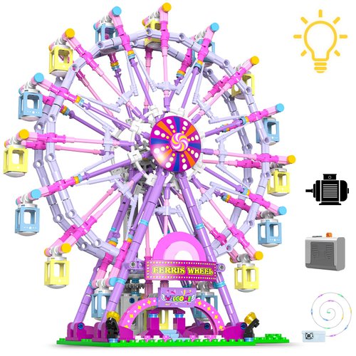 Ferris Wheel Building Set with Fairy Lights, Two-Way Rotation,STEM Learning Toy for Ages 8-12,Amusement Park Construction Kit for Boys, Girls,6 7 8 9 10 11 12 13 14 and Adults,813Piece (Pink)