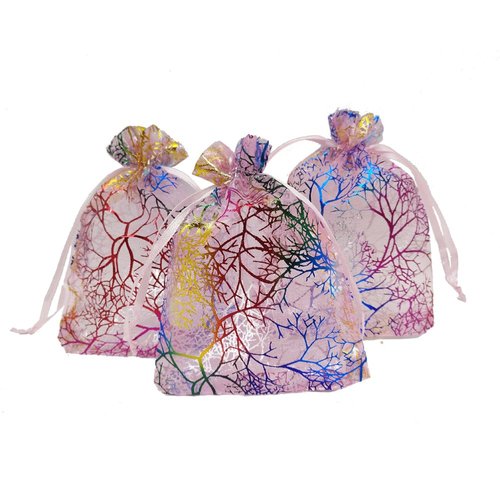 Ankirol 100pcs Sheer Organza Favor Bags For Wedding Baby Shower Rattan Print Gift Bags Samples Display Drawstring Pouches (3x4 inch, coral pink)