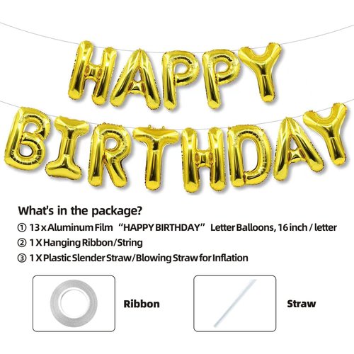 Happy Birthday Balloon Banner Party 16 Inch 3D Aluminum Foil Inflatable Letter kit set Banner Balloons Birthday Party Decorations Supplies Party (Gold)