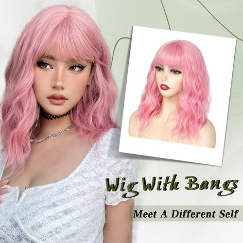 noxozoqm Short Pink Bob Wig with Bangs for Women Wavy Synthetic Wigs with Natural Shoulder Length Curly Heat Resistant Hair for Daily Party Use
