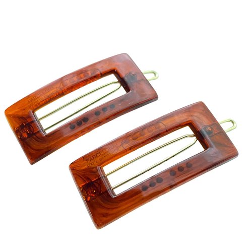 Parcelona French Rectangle Cut Out Brown Small 1 3/4" Celluloid Acetate No Slip Grip Tige Boule Clasp Set of 2 Side Slide In Snap Hair Clip Barrettes for Girls and Women, Made in France