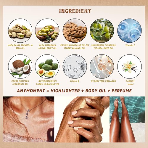 ANYMOMENT Illuminate Me Shimmering Body Oil provides 2.02 oz of moisturizing benefits, combining Apricot, Jojoba, and Avocado Oils with Vitamin E for quick absorption while nourishing all skin types