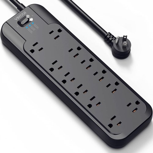 VINTAR Power Strip Surge Protector (2 × 4800 Joules) with 12 AC Outlets,1875W Output, 6ft Long Extension Cord Flat Plug with Dual Surge Protection for Office, Home, ETL Listed, Black