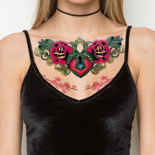 TAFLY Heart Lock and Flower Sexy Chest Tattoo Big Size Body Art Temporary Tattoo Exotic Sexy Tattoo Stickers 3 Sheets