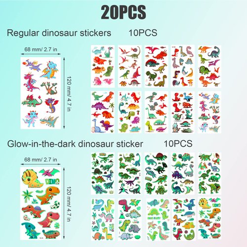 SAVITA 20 Sheets Kids Temporary Tattoos, Luminous Dinosaur Tattoo Stickers Waterproof Cartoon Fake Tattoos for Kids Toddlers Boys Dinosaur Birthday Party Favors Supplies