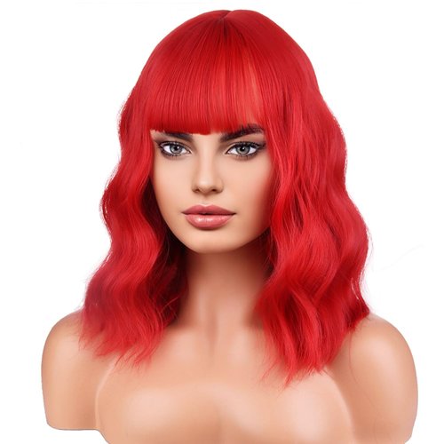 BERON 14 Inches Red Wig for Women Neon Red Wigs Short Curly Wig Red Wig with Bangs Bob Wig Red Wigs for Daily Party Wig Cap Include