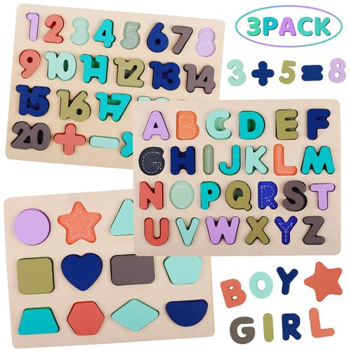 Wooden Puzzles for Toddlers, LENNYSTONE Alphabet Number Shape Puzzles Toddler Preschool Education Learning Toys for Kids Age 3 4 5 Year olds