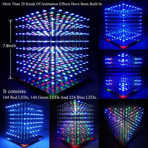 iCubeSmart 3D Led Cube Light DIY Kit with 3D Animation Editing Software Squared LED 8x8x8 Electronic Toy for Children and Teenagers Learning Activities Suit (3D8S-MULTI)