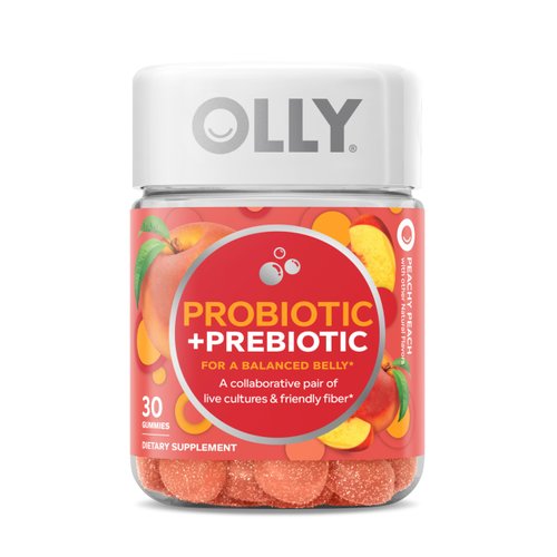 OLLY Probiotic + Prebiotic Gummy, Digestive Support and Gut Health, 500 Million CFUs, Fiber, Adult Chewable Supplement for Men and Women, Peach, 30 Day Supply - 30 Count