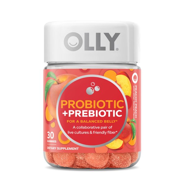 OLLY Probiotic + Prebiotic Gummy, Digestive Support and Gut Health, 500 Million CFUs, Fiber, Adult Chewable Supplement for Men and Women, Peach, 30 Day Supply - 30 Count
