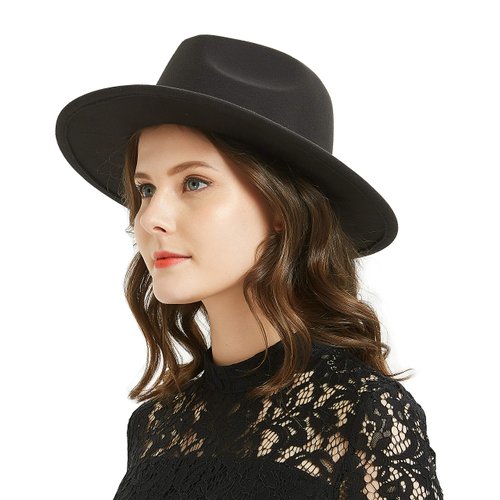 Women or Men Woolen Felt Fedora Hat Vintage Widet Brim Crushable Hat Belt Jazz, Black 58-60cm