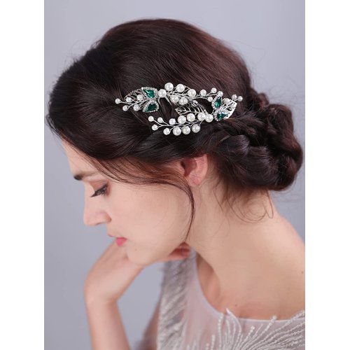 Teyglen 2pcs Pearl Bride Wedding Hair Pins Silver Leaf Crystal Hair Pins Clips Bridal Green Teard...