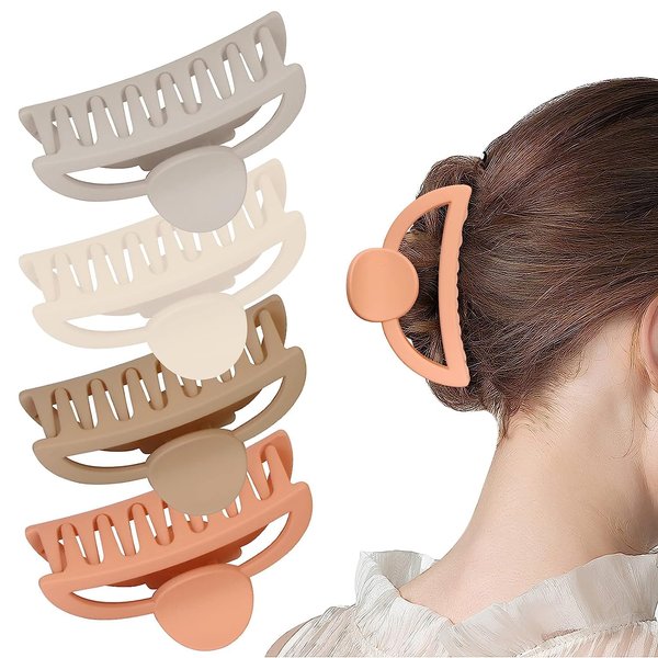Hair Claw Clips for Girls Women, 3.5 Inch Style D Shape Hair Claw with Strong Spring, Hair Clips for Long Thin Thick Hair (Beige,Orange,Grey,Khaki) Pack of 4