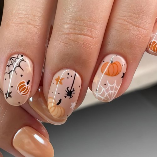 ROFIBUT Halloween Press on Nails Short Almond Fake Nails Cute Pumpkin Spider Star Design Stick on Nails Glossy Orange Full Cover Glue on Nails for Women Girls Manicure Nail Decoration 24Pcs