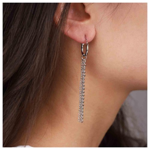 Allereyae Vintage Layered Chain Dangle Earrings Long Chain Hoop Huggie Earrings Silver Curb Chain Stud Earrings Tassel Chain Drop Earrings Jewelry for Women