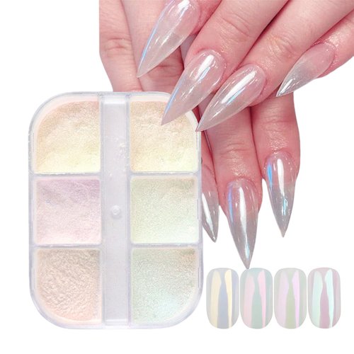 GZMAYUEN 6 Colors White Pearl Chrome Nail Powder Mirror Effect Aurora Magic White Pearlescent Chrome Powder for Gel Nails, Iridescent Nail Powder Glitter for Nail Art Decoration