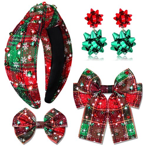 NVENF Christmas Headbands for Women, Holiday Headbands, Christmas Hair Bows, Red Plaid Headbands Hair Bow Clips, Christmas Outfits Winter Holiday Accessories Gifts (Pattern B)