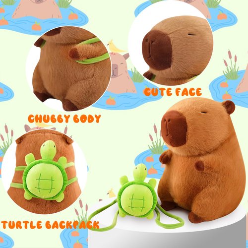 Valentines Day Gifts for Kids, 9.8in Capybara Plush Cute Capybara Stuffed Animals with Turtle Backpack, Kawaii Capibara Plushie Toys Animals Pet Doll Soft Hugging Pillow for Boys Girls Birthday Gift