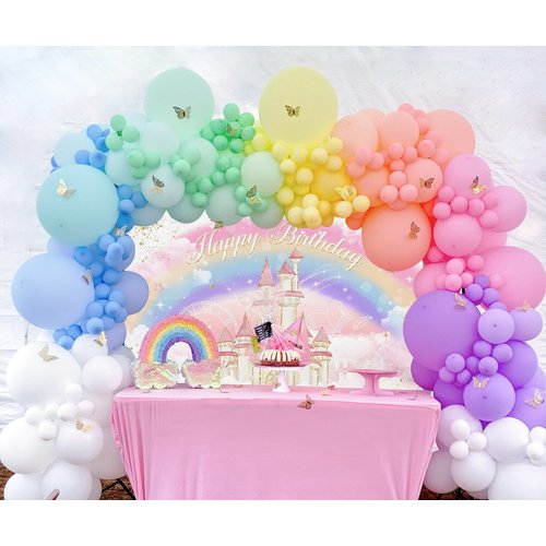 Mocsicka Princess Castle Birthday Backdrop Watercolor Pastel Rainbow Birthday Photography Backdrops Gold Glitter Royal Princess Birthday Party Decorations Cake Table Banner (Pink, 7x5ft (82x60 inch))