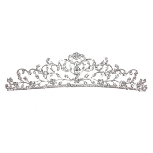 Flower Vine Design Bridal Tiara Crown - Clear Crystals Silver Plating T654