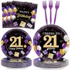 gisgfim 96Pcs Purple 21st Birthday Decorations Purple Black Paper Plates and Napkins Disposable Cheer to 21 Years Tableware Dinnerware for Birthday Party Supplies Table Decor Favors Girl Boy Serves 24