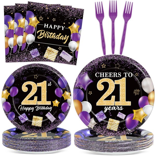 gisgfim 96Pcs Purple 21st Birthday Decorations Purple Black Paper Plates and Napkins Disposable Cheer to 21 Years Tableware Dinnerware for Birthday Party Supplies Table Decor Favors Girl Boy Serves 24