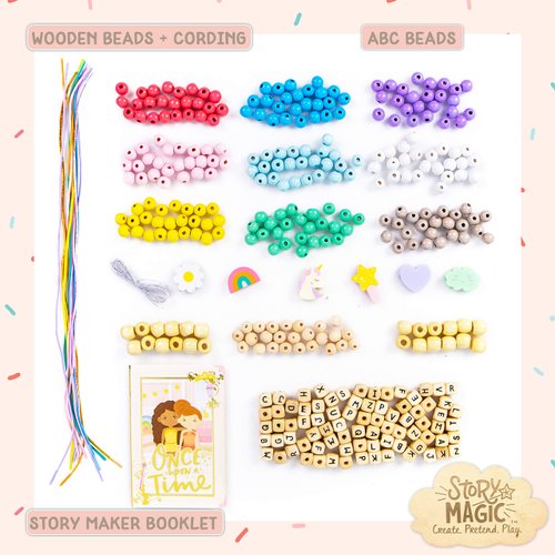 Story Magic Wooden ABC Beads by Horizon Group USA, Premium Wood Jewelry Making Kit, Makes 10+ Pieces of Jewelry, Over 350 Wooden Beads & Charms