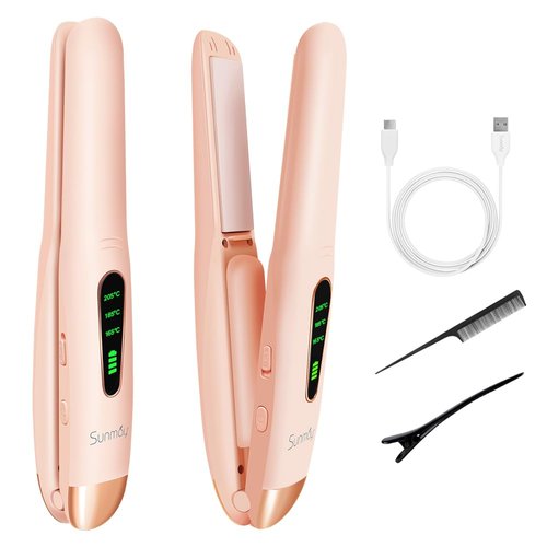 Sunmay Voga Cordless Hair Straightener and Curler 2 in 1, Titanium Portable Straightener for Travel, Mini Dual Voltage Flat Iron Hair Straightener with USB Charger for Thin Fine Hair, Preferred Gifts
