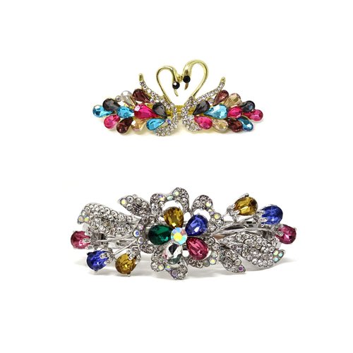 Honbay 2PCS Rhinestone Hair Barrettes Luxurious Flower Swan Metal French Hair Clasps Accessories for Girls Women Ladies Hair Accessories (2 Style)