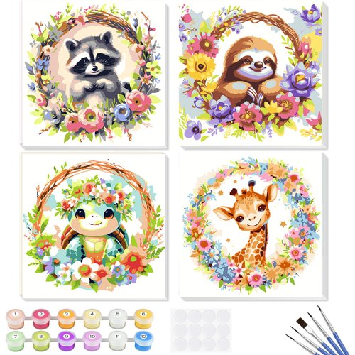 4 Pack Animals Paint by Number for Kids, Cute Flowers Animals 4-8 Painting Kits for Kids Ages for Beginners,Easy Acrylic Watercolor Paint by Numbers Canvas Arts and Craftsfor Wall Decor Gift (8x8in).