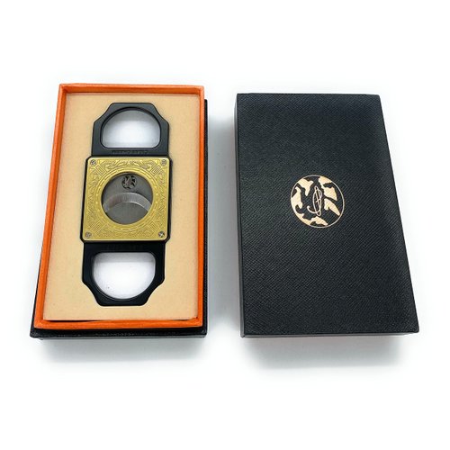 LP CIGARS Guillotine Cutter Elegant Stainless Steel Blade, Gold Zinc Alloy Metal with Black Patterned Brass (BLACK)