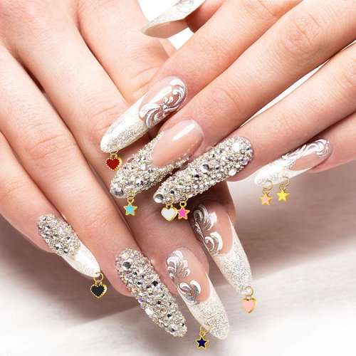 113 Pieces Dangle Nail Piercing Charms Set, Nail Art Piercing Tool Hand Drill and Colored Hearts Stars Rings Jewelry Rings for Tips, Acrylic, Gels Decorations, Colored Hearts and Stars (Chic Color)