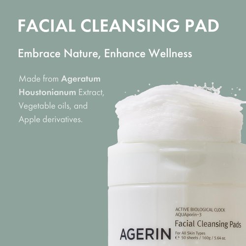 AGERIN Facial Cleansing Pads - Daily Oil & Makeup Remover Cotton Pads, Gentle Cleansing, Hydrating, Dirt & Impurities Removal Without Tugging - Vegan, Non-Irritating, 50pads
