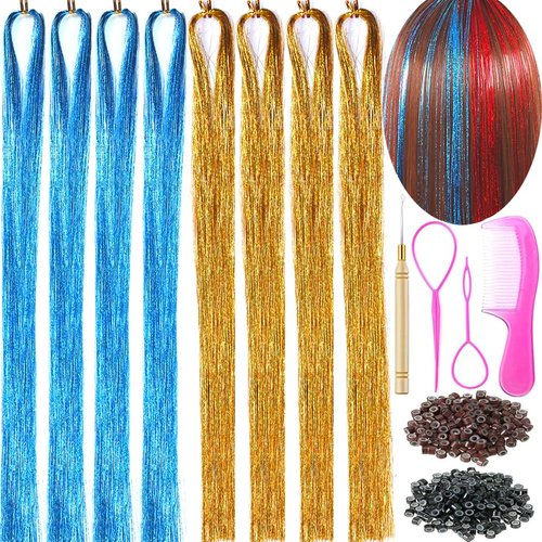 Hair Extensions Tinsel Kit 8 Packs 2 Colors 1600 Strands Tinsel Hair Extensions for Women Glitter Hair Tinsel Heat Resistant Accessories for Christmas(Gold and Lake blue)