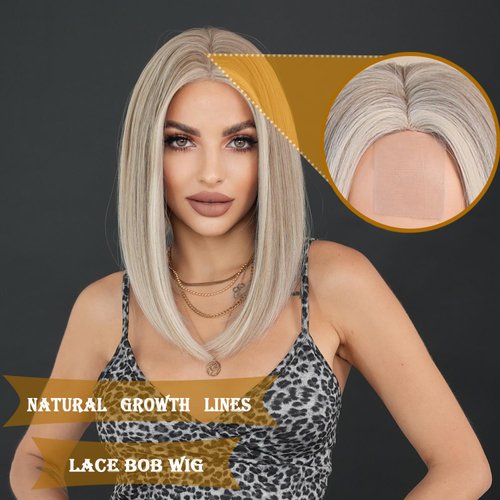 SENHORAS Ash Blonde Bob Wig Platinum Blonde Bob Wigs for Women 14 inch Mid Part Lace Wig Natural-Looking Synthetic Hair Wigs for Daily Party Cosplay Costume