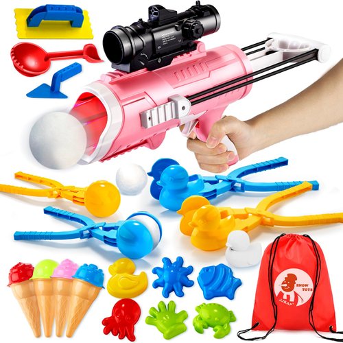 JJRAP Snowball Maker Toy for Kids 24 Pcs Winter Outdoor Toys with Snowball Launcher Gun, Duck Snowball Maker, Animal Sand Molds Beach Toys for Toddlers Kids Girls（Pink）