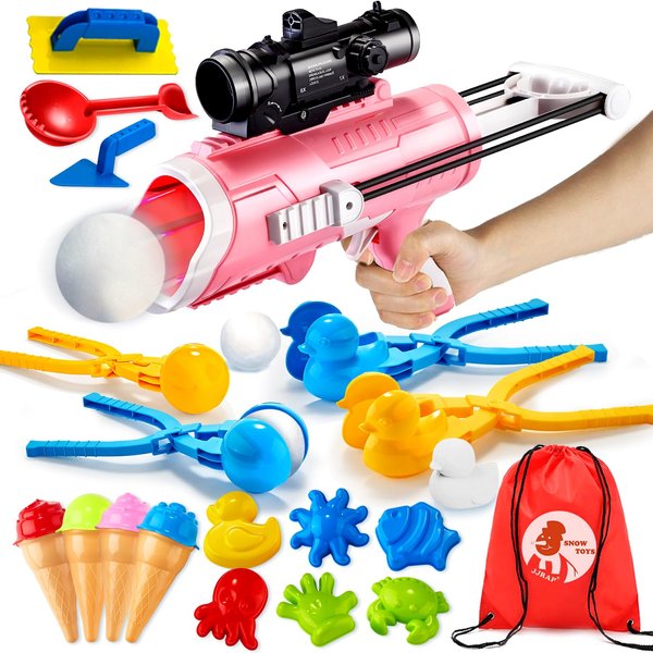 JJRAP Snowball Maker Toy for Kids 24 Pcs Winter Outdoor Toys with Snowball Launcher Gun, Duck Snowball Maker, Animal Sand Molds Beach Toys for Toddlers Kids Girls（Pink）