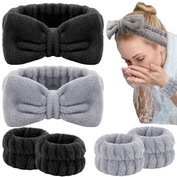 LAPOHI Face Wash Headband and Wristband Set, 6 Pieces Scrunchies Cuffs for Women Girls, Microfiber Bow Hair Bands and Wristbands for Washing Face, Makeup, Yoga, Sports