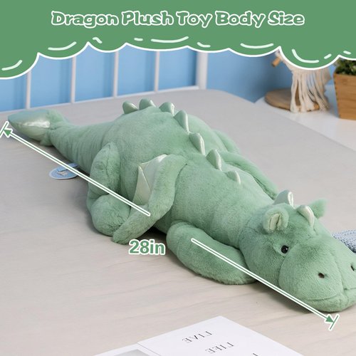 TITQWOP Dinosaur Plush Toy Pillow, Cute Dinosaur Stuffed Animals Toys Dolls, Soft Long Dinosaur Body Pillow Gift for Kids Boys Girls Green 28 inch