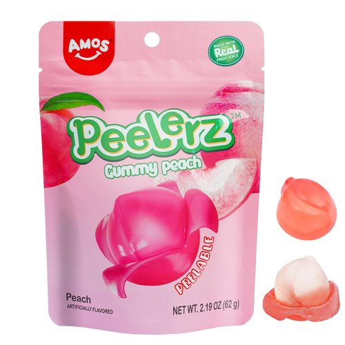Amos Peelerz Gummy Peach Peeling Candy, Peelable Fruit Snacks, Resealable 2.19oz Bag Christmas Candy (Pack of 3)