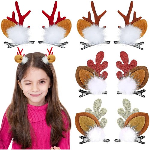 SHEHARUHI 4 Pairs Cute Christmas Hair Clips Glitter Reindeer Antlers Ears Clips Hairpins Decorati...
