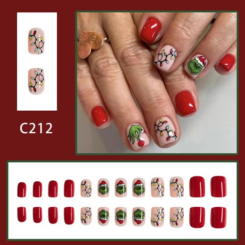 24Pcs Christmas Fake Nails Short Square Grinchs Press on Nails Winter Xmas Acrylic Nails Full Cover False Nails with Green Monster Vine Colored Lantern Designs Cute Red Gloss Stick on Nails for Women