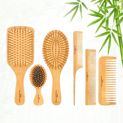 Bamboo hairbrush 6 in-1 comb set for men women kids, Bamboo hair brush for hair growth for all hair types, Natural bamboo bristle hair brush for Scalp massager