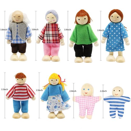 PUCKWAY Lovely Family Dollhouse Dolls Set of 8 Wooden Figures, Kids Girls Happy Playset Characters Accessories for Children Pretend Gift