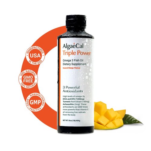 ALGAECAL Triple Power 1200mg EPA & DHA Omega-3s Fish Oil Supplement, Supporting Brain, Heart, Skin & Bones, Liquid Emulsion Mango Taste, Burp-Less, Sugar-Free