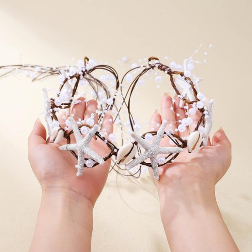 Unicra Starfish Headband Pearl Bride Wedding Hair Vine Shell Bridal Headpiece Beach Hair Accessories for Women and Girls (White Brown, Free Size)