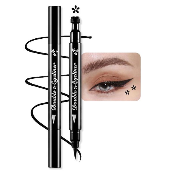 BINGBRUSH Double-head Liquid Stamp Eyeliner Pencil, Colors Flowers Heart Moon Star Shapes Face Stamps Makeup Colorful Waterproof Slim Gel Felt Tip High Pigment Liquid Eyeliner (03#Flower&Black)