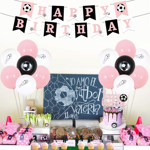 kreat4joy Soccer Birthday Decorations for Girls, Pink Soccer Happy Birthday Decorations Backdrop Banner Cake Cupcake Toppers Balloons for Girl Sports Football Theme Birthday Party Supplies